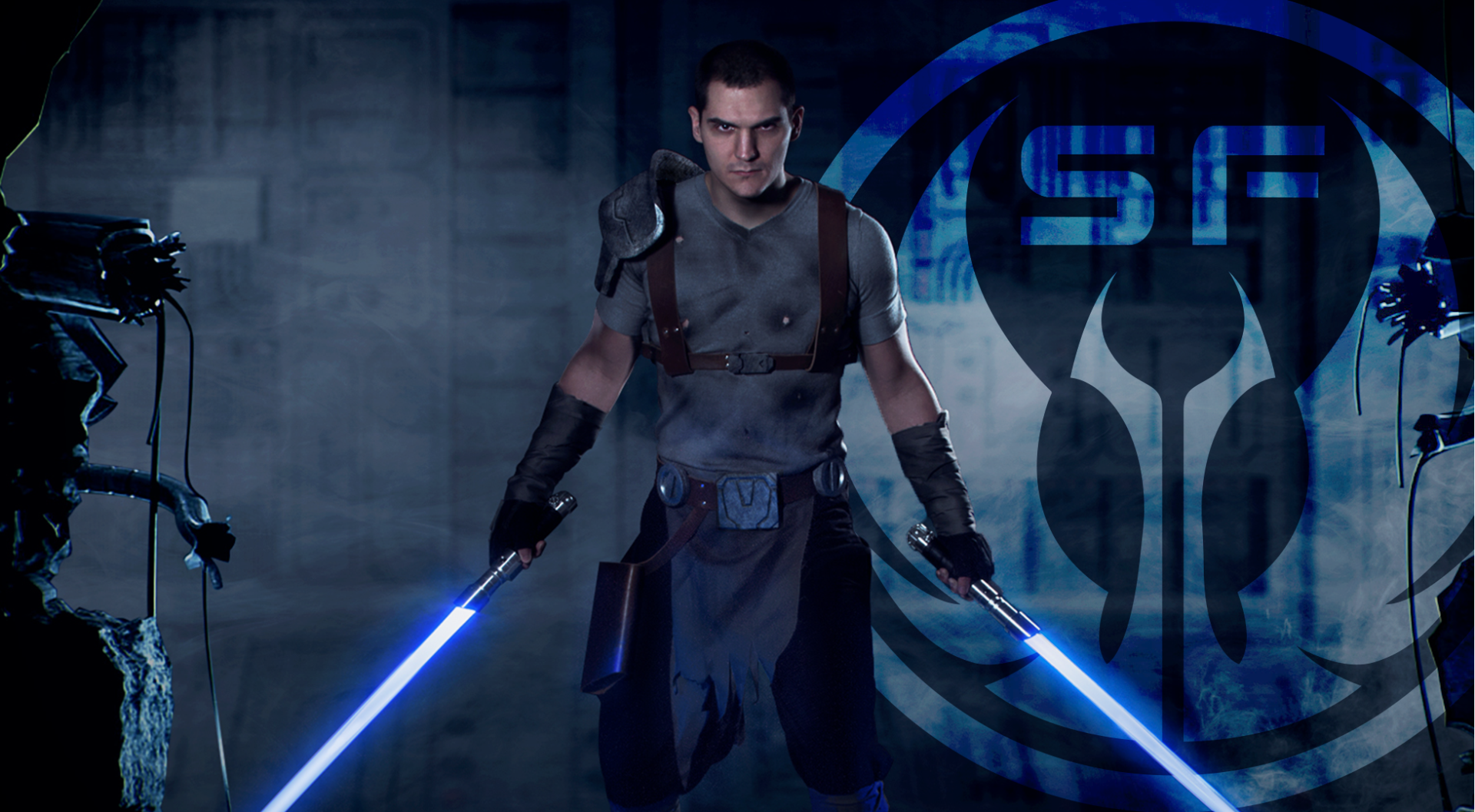 Saber_Forge_Photoshoot_Ads_Graphics_Costume_Peterman_Design_Firm_dual_saber_man_SF_logo